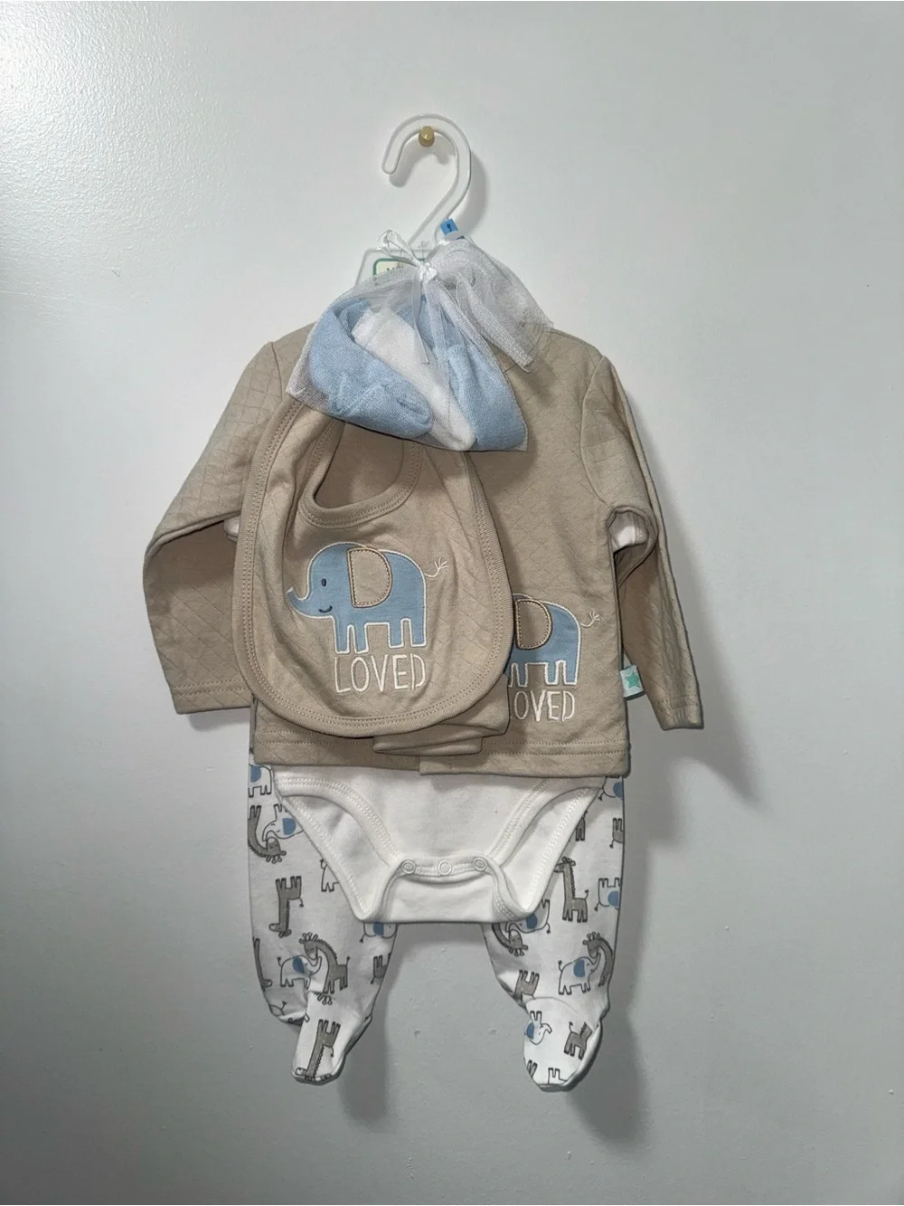 Neutral Beige Baby One-Piece Set with Blue Elephant Bib - Loved